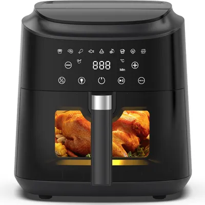 Productafbeelding van Heteluchtfriteuse, olievrij, metalen binnenruimte, 6L, verlicht kijkvenster, 9 voorgeprogrammeerde kookstanden, vaatwasmachinebestendig, 1650W