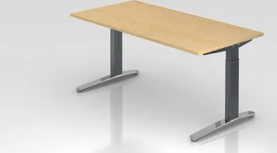 Produktbild von Schreibtisch Mika | Ahorn | Graues Gestell poliert | BxT 160x80cm | Arbeitshöhe 65-85cm | höhenjustierbar, 1cm Raster | C-Fuß-Gestell | Rechteckform