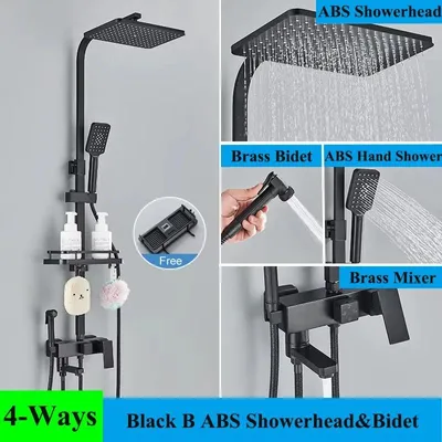 Produktbild von Regendusche Duschsystem - Wandmontiertes Wannen-/Duschset - Schwenkauslauf 15 cm - Einhebelmischer warm/kalt - Keramikkartusche - Messing & 304 Edelstahl - Schwarz