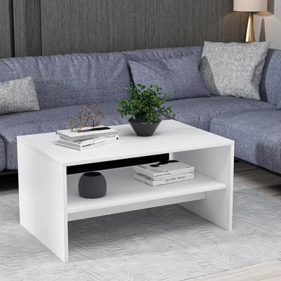 A white coffee table with books and a plant on it, placed in front of a blue sofa.