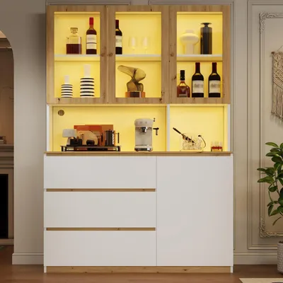 Obrázok produktu pre Sklenená vitrína, vysoká skrinka, 120x40x200 cm, biela, s LED osvetlením, 3 zásuvky