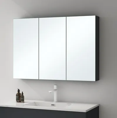 A bathroom cabinet with mirrors above a sink and faucet.