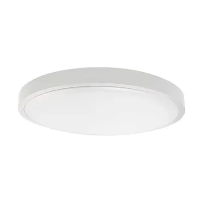A white, round LED ceiling light is shown against a white background.