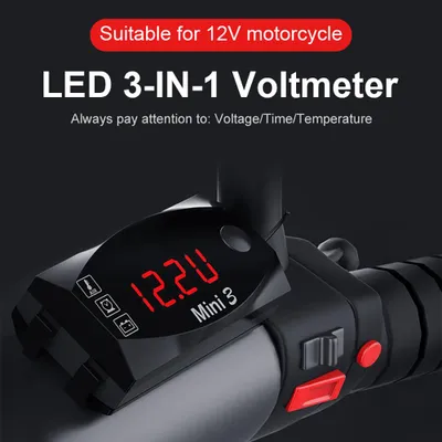 Obrázek produktu pro 3 v 1 digitální LED měřič pro motocykly: hodiny, teploměr, voltmetr, vodotěsný monitor baterie, 6–30 V, pro automobily, lodě a motocykly
