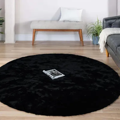 Runder Hochflor-Teppich Kunstfell, waschbar, Schwarz, 1,8 m