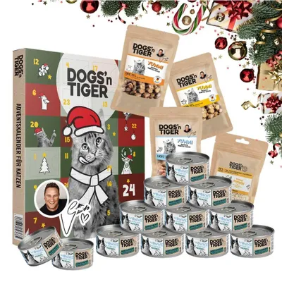 Produktbild von Dogs’n Tiger Guido Maria Kretschmer Adventskalender Katzen Box | Filet | Lachs & Muscheln | Premium Mahlzeiten & Snacks | Adventskalender Katze