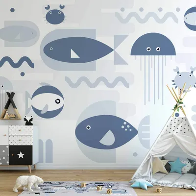 Produktbild von Selbstklebende Folie Fototapete - Minimalist ocean - geometric fish and crabs in water for kids 196x140 cm Für Kinder e-A-10019-a-b