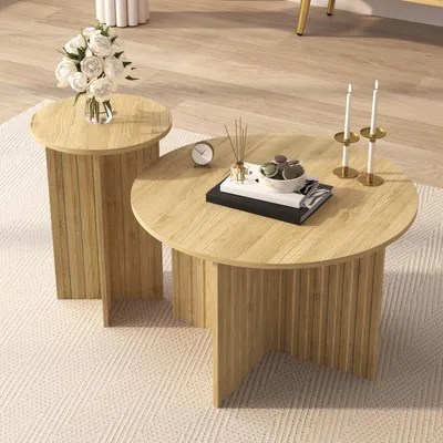 Zdjęcie produktu dla Zestaw 2 stolików kawowych Merax, okrągły blat, 76x50 cm + 40x56,5 cm, praktyczny stolik boczny do salonów i małych pomieszczeń, wygląd drewna