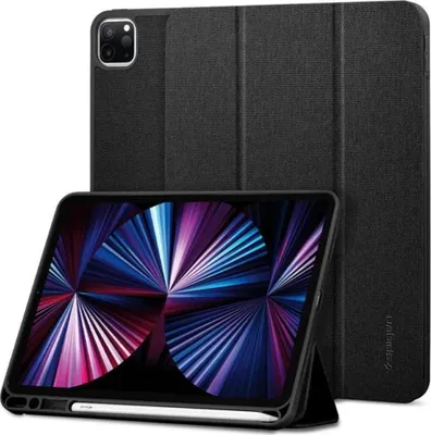 A black tablet case with a tablet inside, displayed in a studio setting.