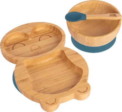 Produktbild von 3pc Navy Blau Kinder Bambus Pinguin Teller, Schüssel & Löffel-Set mit Silikon-Saugnapf - Segmentiertes Design Baby & Kleinkind Entwöhnung Geschirr - Umweltfreundlich & Biologisch Abbaubar - Von Tiny Dining