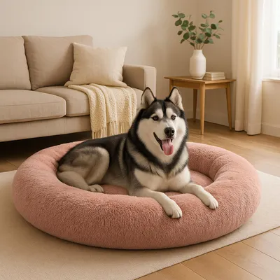 Immagine prodotto di belviona donut dog bed, accogliente letto in peluche con morbida imbottitura, presa sicura e bordo ergonomico, diametro 120 cm, rosa scuro