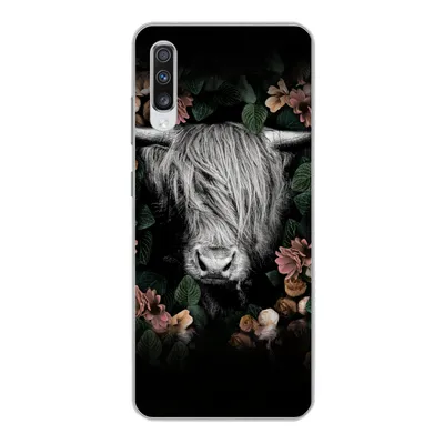 Produktbild von MuchoWow® Handyhülle Schutzhülle Hülle für Samsung Galaxy A70 Schottischer Highlander - Blumen - Rosa Silikon Softcase Handy Hülle - Schutzhaube