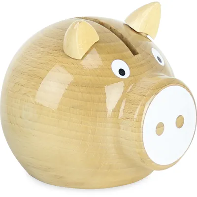 A wooden piggy bank shaped like a pig, with painted eyes and snout, set against a white background.