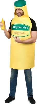 A man wearing a mayonnaise bottle costume.