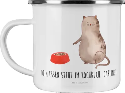 Produktbild von Mr. & Mrs. Panda Teetasse Katze Fressen - Weiß - Geschenk, Pott, Teebecher, Haferl, Emaille Tasse, Kaffeepott