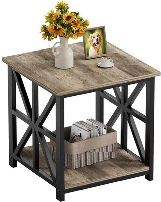 Produktbild von Unyqoos® Landhaus‑Beistelltisch mit 2 offenen Ablagefächern, grau, 50 x 50 cm, MDF mit Stahlrahmen, bis 90 kg – für Wohn- & Schlafzimmer