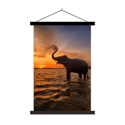 Produktbild von MuchoWow® Textilposter Elefant - Meer - Tiere - Sonnenuntergang - Orange 120x180 cm mit schwarzem Rahmen - Fotos