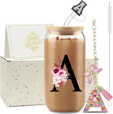 Produktbild von Trinkglas 500 ml, mit Deckel und Strohhalm, mit Buchstabe A, für Geschenk