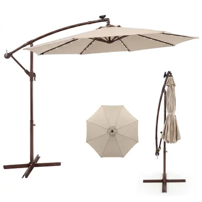 Image de Parasol COSTWAY φ 300 cm, parasol à pied déporté avec 40 lampes LED solaires et manivelle, parasol de jardin, parasol de marché, parasol de terrasse, beige
