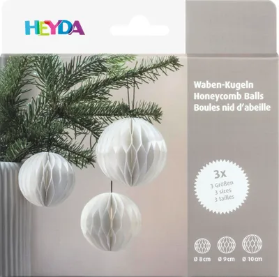 Image de HEYDA kit de décoration en nid d'abeille "boules en nid d'abeille" blanc 3 pièces