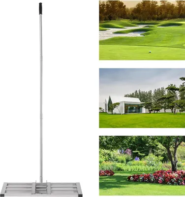 Zdjęcie produktu dla Narzędzie do wyrównywania trawnika – grabie do trawnika – stal nierdzewna – kształt litery T – regulowany trzonek 50–180 cm – obrotowa głowica 180° – rozmiar 75×25 cm – srebrny