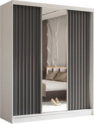 Produktbild von AGMAT Schwebetürenschrank Nevada, Kleiderschrank mit Spiegel und 3 Türen und 2 Schubladen, Moderne Garderobe in Farbe: Weiß, Schrank in Größe: 180 x 216 x 61 cm