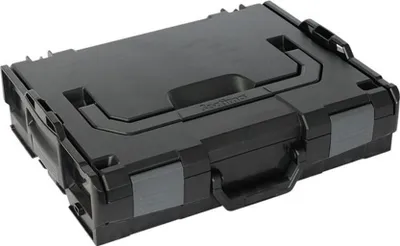 A black tool case with gray latches and handle, shown from a slightly elevated diagonal angle against a white background.