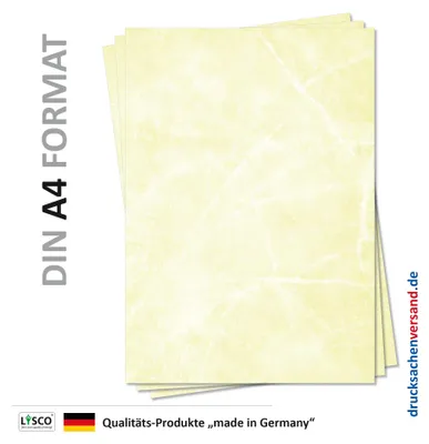 Produktbild von Gastronomie Papier (Gelb-Eis-Marmor, DIN A4, 100 Blatt, MPA-5154b) für Speisekarten. Marmoriertes Papier, Marmorpapier rot zweiseitig bedruckt, für alle Drucker/Kopierer geeignet