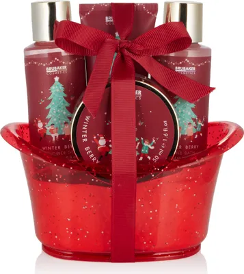Produktbild von Zestaw prezentowy do kąpieli i pod prysznic BRUBAKER Cosmetics o zapachu zimowych jagód - 5-częściowy zestaw pielęgnacyjny w ozdobnej świątecznej wannie - zestaw świąteczny dla kobiet