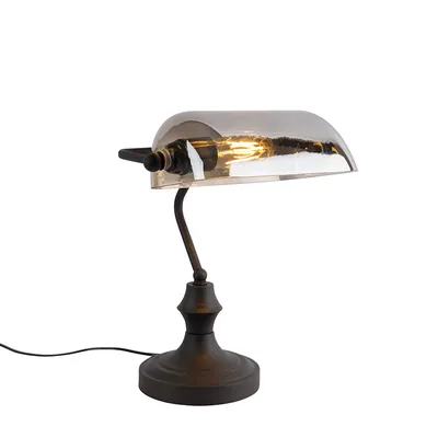 Produktbild von QAZQA - Klassisch I Antik Klassische Notarlampe schwarz mit geräuchertem Spiegelglas - Banker I Wohnzimmer I Schlafzimmer I Bankerleuchte - Länglich - LED geeignet E27