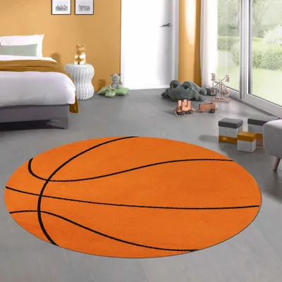 Produktbild von Runder Basketball-Teppich Sportliches Design Weich & Pflegeleicht für Kinderzimmer & Jugendzimmer in Orange Schwarz Größe - 120 cm Rund