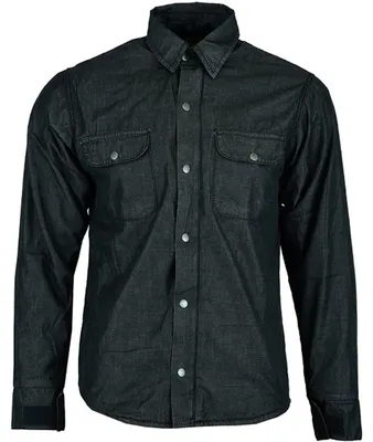 Das schwarze Herren-Motorradshirt verfügt über ein robustes Lumberjack-Design mit integrierten Armprotektoren. Es zeigt eine elegante Frontansicht, Reißverschluss und mehrere Taschen, darunter geräumige Fronttaschen.