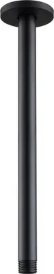 A black ceiling connection pipe for a shower arm, with threaded ends at the bottom and a flat circular plate at the top.
