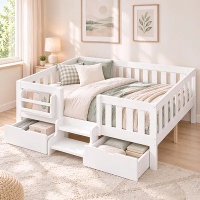 Immagine prodotto di Letto per bambini 140x200 cm con sponde di sicurezza, 2 cassetti e libreria, dotato di una scala a due gradini e rete a listelli, colore bianco