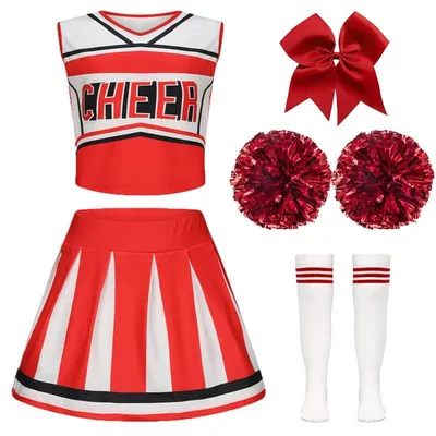 Cheerleader-Kostüm für Mädchen, Rot, Gr. 120, mit Pompons und Socken