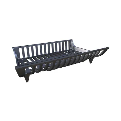 A black cast iron fireplace grate on a white background.