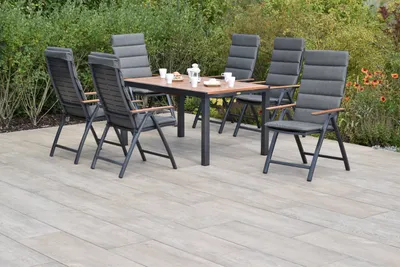 Produktbild von Merxx Gartenmöbel Set Tinos 13tlg., 6 Klappsessel inkl. Kissen, Ausziehtisch 150 (200) x 90 cm- Aluminium/Akazie