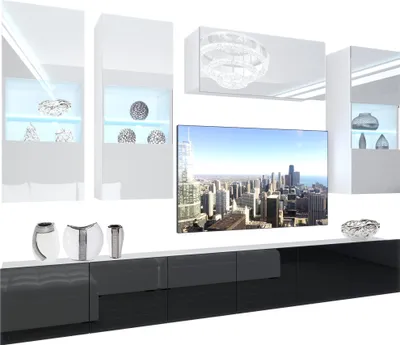 Produktbild von BELINI Wohnwand Vollausstattung Wohnzimmer-Set Moderne Schrankwand mit LED-Beleuchtung Weiß Glänzend Anbauwand TV-Schrank Weiß / Schwarz Glänzend