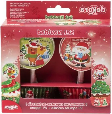 Immagine prodotto di Set per cupcake natalizio con 24 stampini e decorazioni - Rosso e verde - Decorazioni festive natalizie per muffin