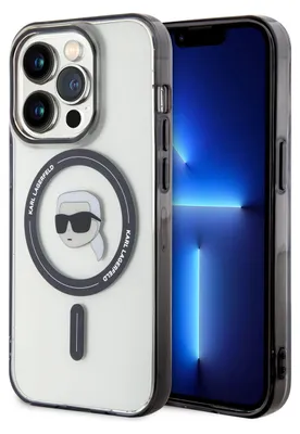 A close-up shot of a transparent iPhone case with a Karl Lagerfeld design, placed next to an iPhone.
