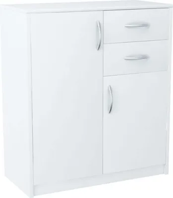 Produktbild von MATKAM Kommode 2-türig, mit zwei Schubladen | H/B/T 85 x 74 x 35 cm, Griffe in satinierter Metall-Optik | Schublade B/T 32 x 33 cm, Führungsschienen und Scharniere aus Metall (Weiß)