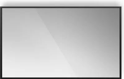 A product shot of a black-framed mirror with a reflective surface, set against a light gray background.