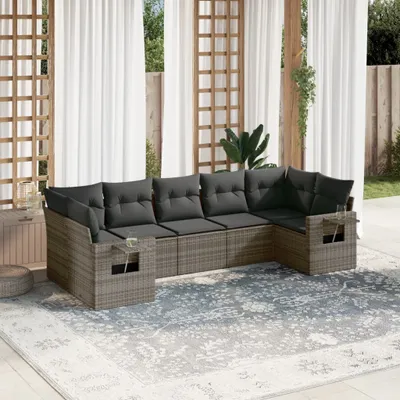 Produktbild von Design 7-tlg. Garten-Sofagarnitur mit Kissen Grau Poly Rattan, Gartenmöbel-Sets 2024 Neu