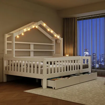 Obrázek produktu pro Postel ve tvaru domku, rozměry 140 x 200 cm, s LED osvětlením, 2 zásuvkami a bezpečnostními zábradlími. Dětská postel ve tvaru domku, vyrobená z borovicového dřeva a MDF, barva bílá
