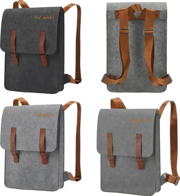 Produktbild von Rucksack aus grauem Filz mit 4 Fächern und Druckknopf, 28x36x3cm