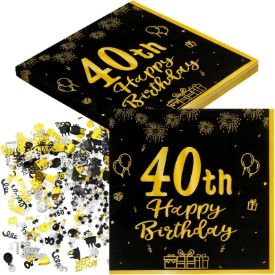 40. Geburtstagsservietten, schwarz-gold, 20 Stück + 100 Konfetti