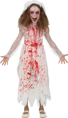 A young girl dressed in a bloody, tattered white dress and veil, styled as a zombie bride, stands with arms outstretched.