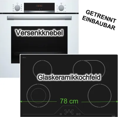 Produktbild von Herdset BOSCH Weiss Backofen 3D Heissluft Hydrolyse + Glaskeramikkochfeld Zweikreiszone rahmenlos autark h|tech