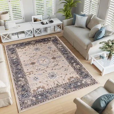 A living room scene with a rug, sofa, and coffee table.