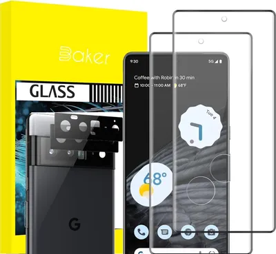 A product shot of screen protectors and a phone case for a Google Pixel phone, with packaging in the background.